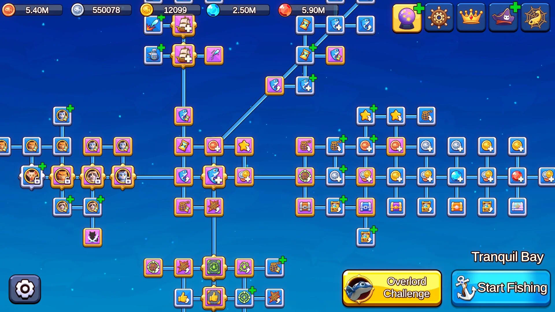 Branching fishing talent tree with upgrade nodes above Tranquil Bay controls