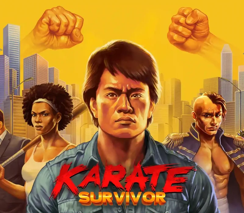 Karate Survivor cover: a denim-shirt fighter under two fists against a yellow city skyline