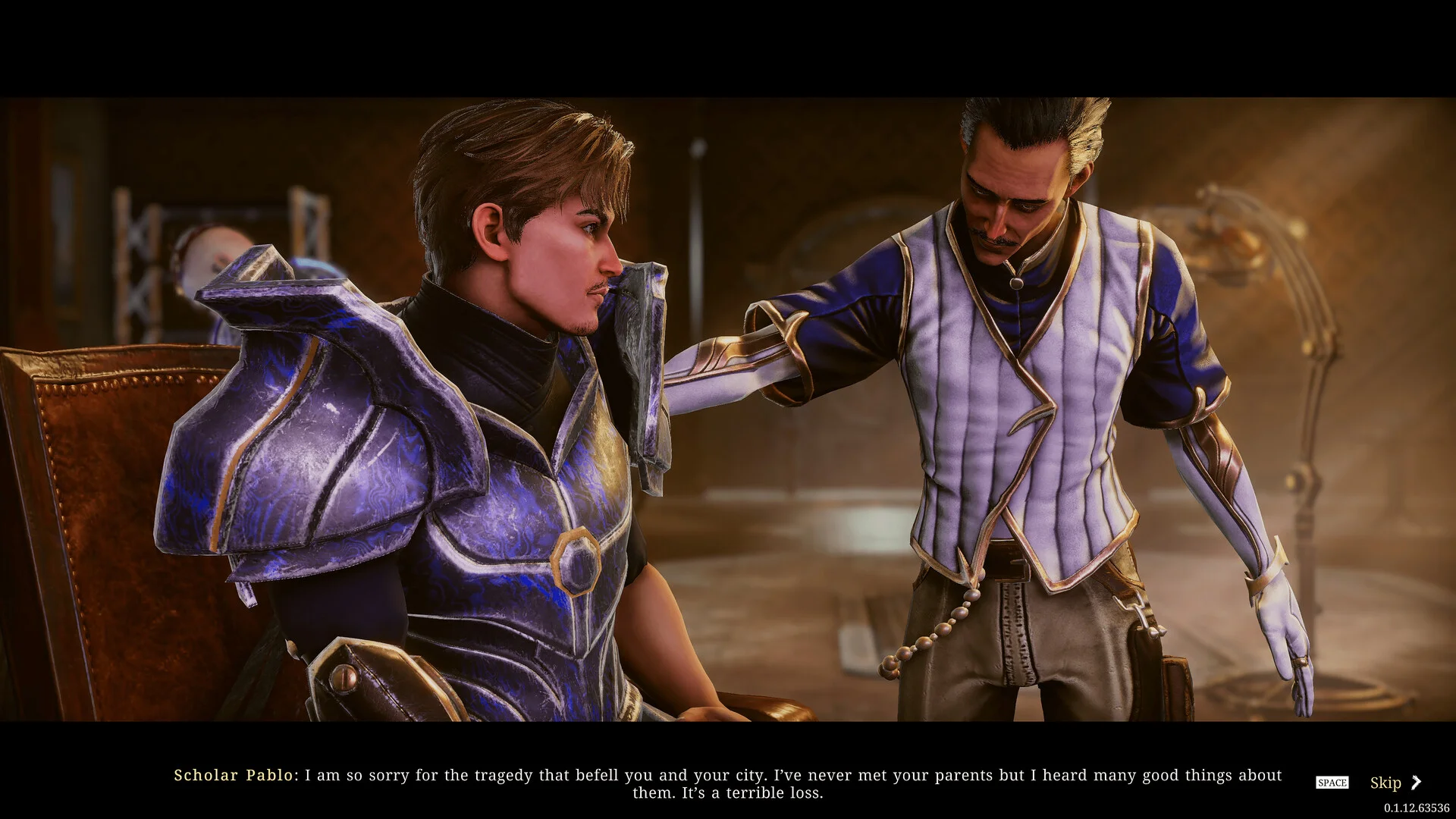 Scholar Pablo cutscene: armored man in a chair, scholar in a vest with a hand on his shoulder