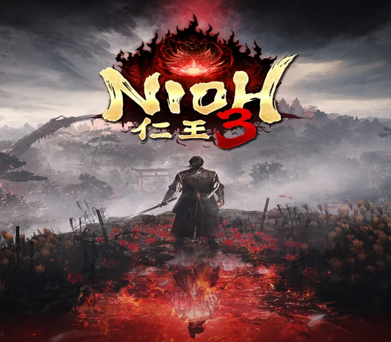 Nioh 3 cover of a swordsman from behind in red flowers, a red pool at his feet, and a flaming crest over the title
