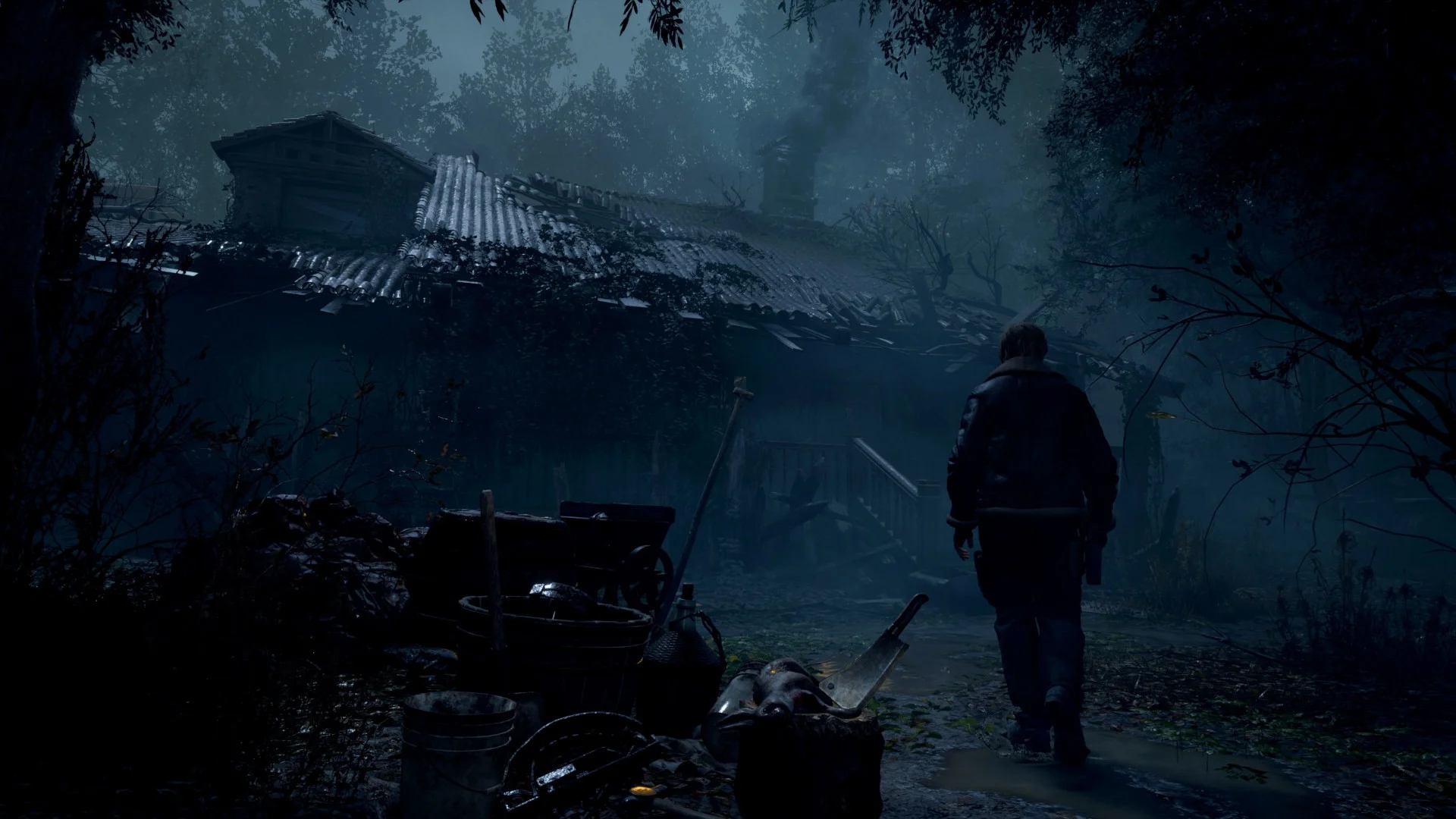 Leon walking toward a fogged farmhouse with a corrugated roof and scattered farm tools