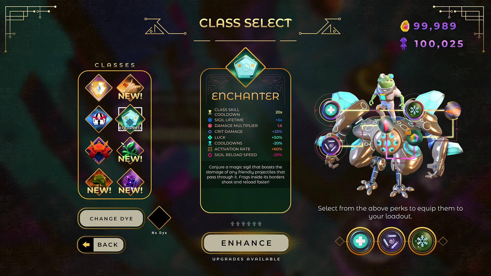 Class Select: ENCHANTER stats, frog on a gold-and-cyan mech, Change Dye, Enhance