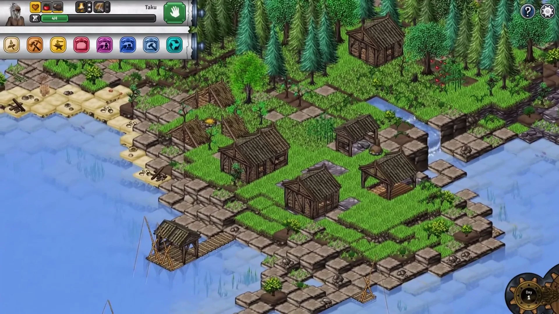 Seeds of Resilience coastal island village with raft dock and four wooden houses