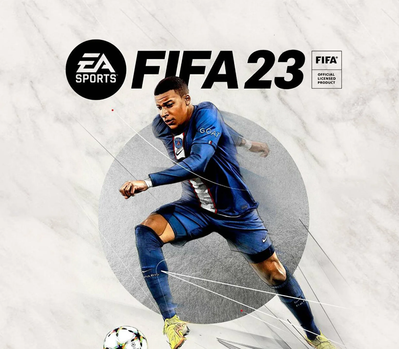 Kylian Mbappé in a navy Paris Saint-Germain kit, GOAT on the chest, dribbling a Champions League ball under the EA SPORTS FIFA 23 logo on pale marble
