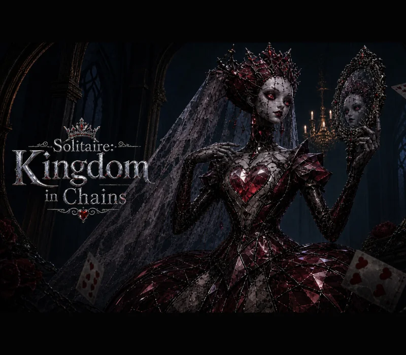 Gotycka karciana królowa z czerwonym sercem i ozdobnym lustrem obok tytułu Solitaire: Kingdom in Chains