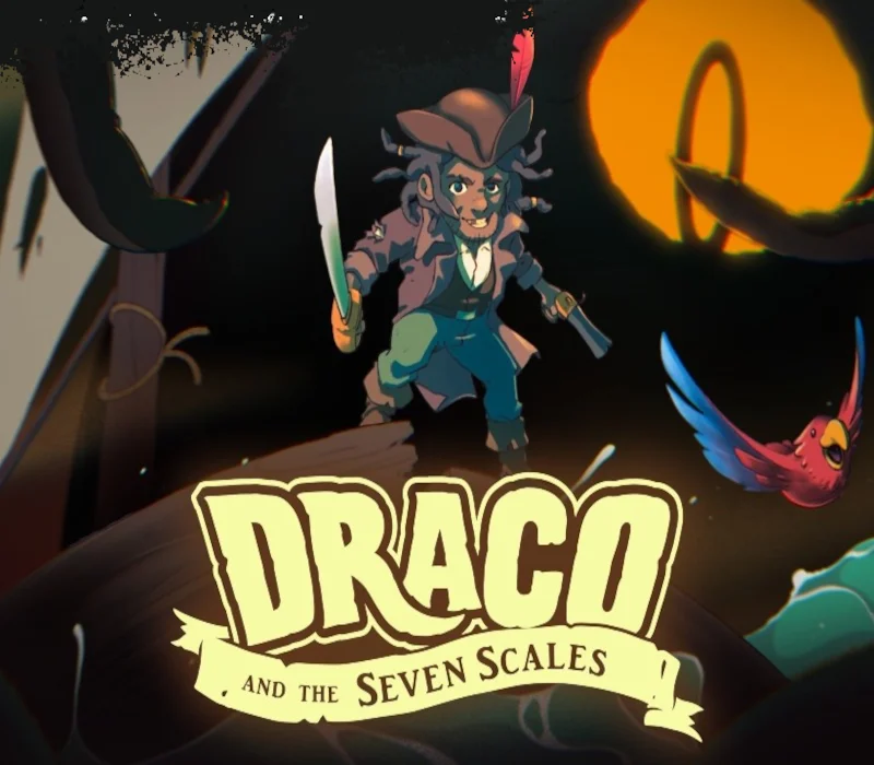 Kapitan piratów z kordelasem, pistoletem skałkowym i czerwonym piórem obok czerwono-niebieskiej ary pod logo Draco