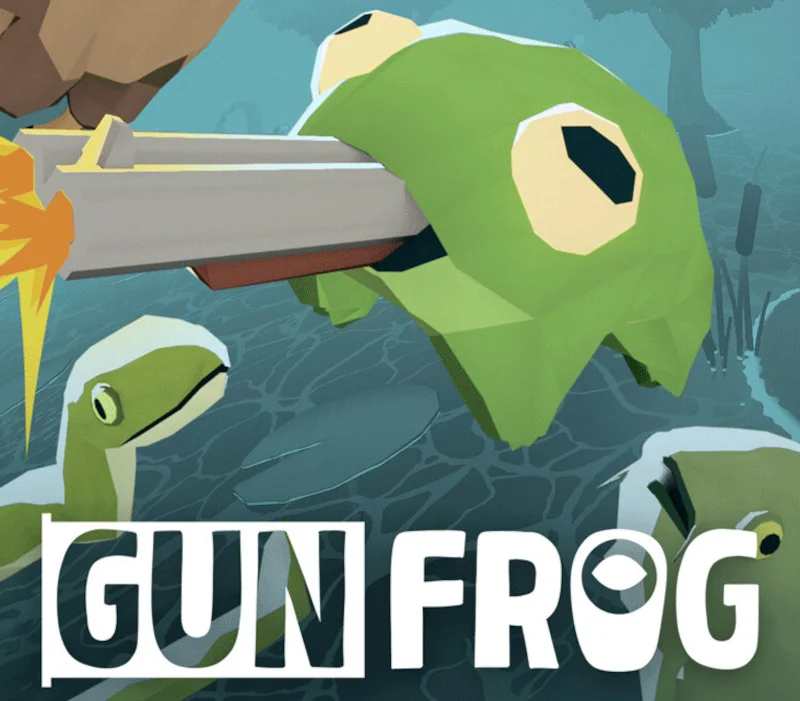 Gun Frog cover: low-poly frog firing a shotgun over pond frogs, GUN FROG title