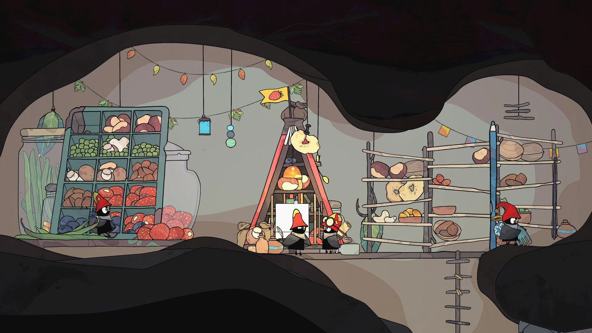 Cave pantry of ice-cube trays, strawberry crates, a triangular stall and birds stacking bread