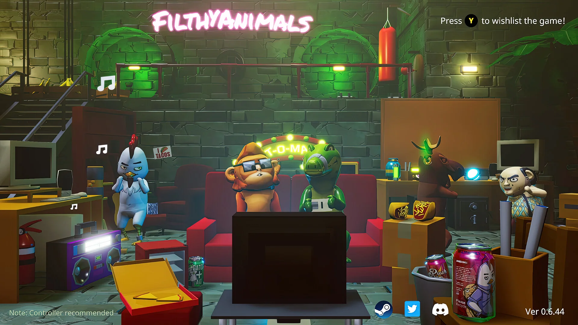 Hideout lounge with the animal crew watching TV on a red sofa