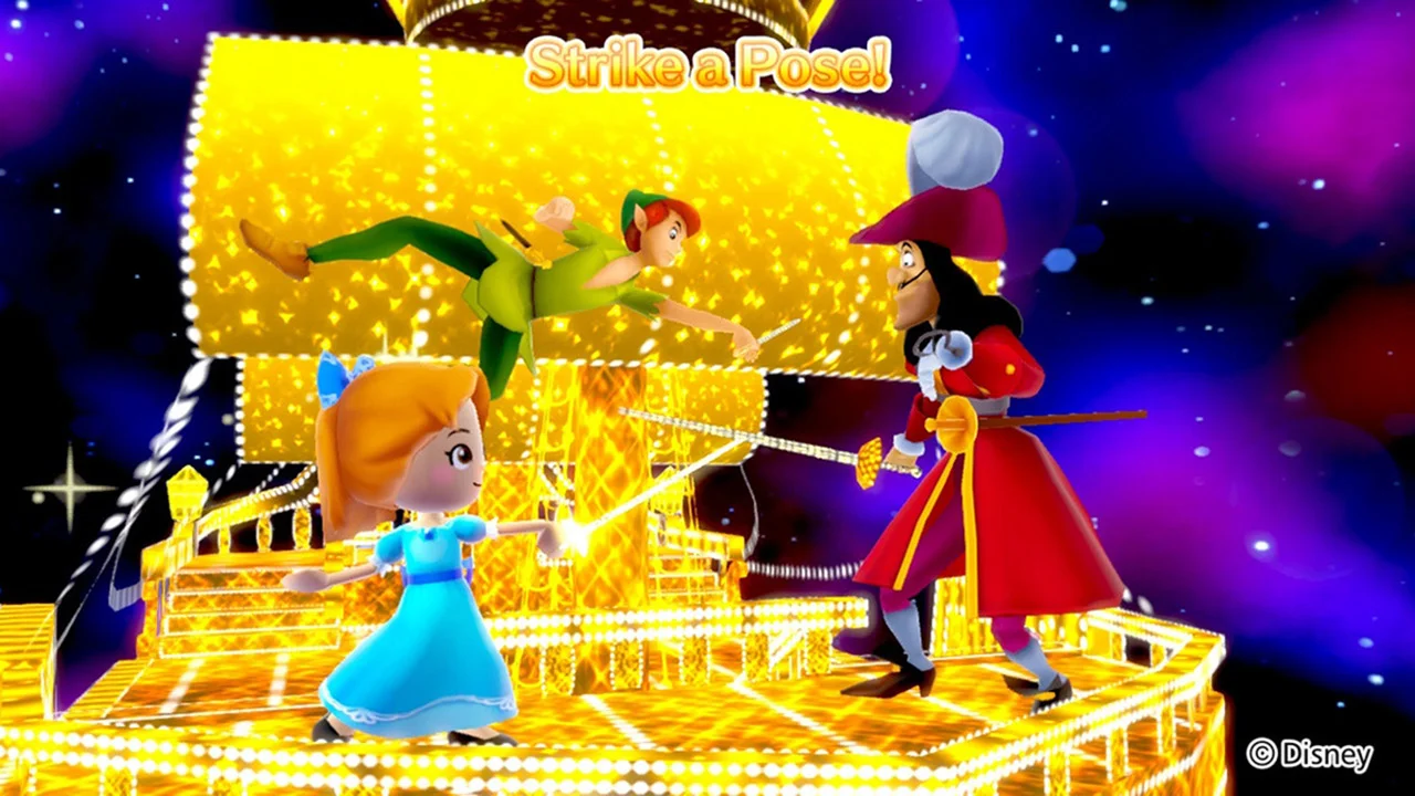 A girl and a boy in a red coat inside a golden ship.