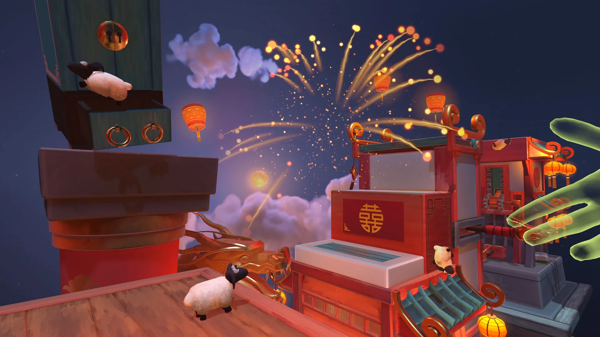 Night rooftops with red lanterns and fireworks, sheep on a teal cabinet and a wooden ledge, a translucent green VR hand reaching from the right