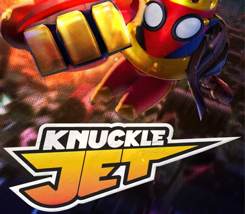 Złota odrzutowa pięść i postać w goglach nad logo Knuckle Jet