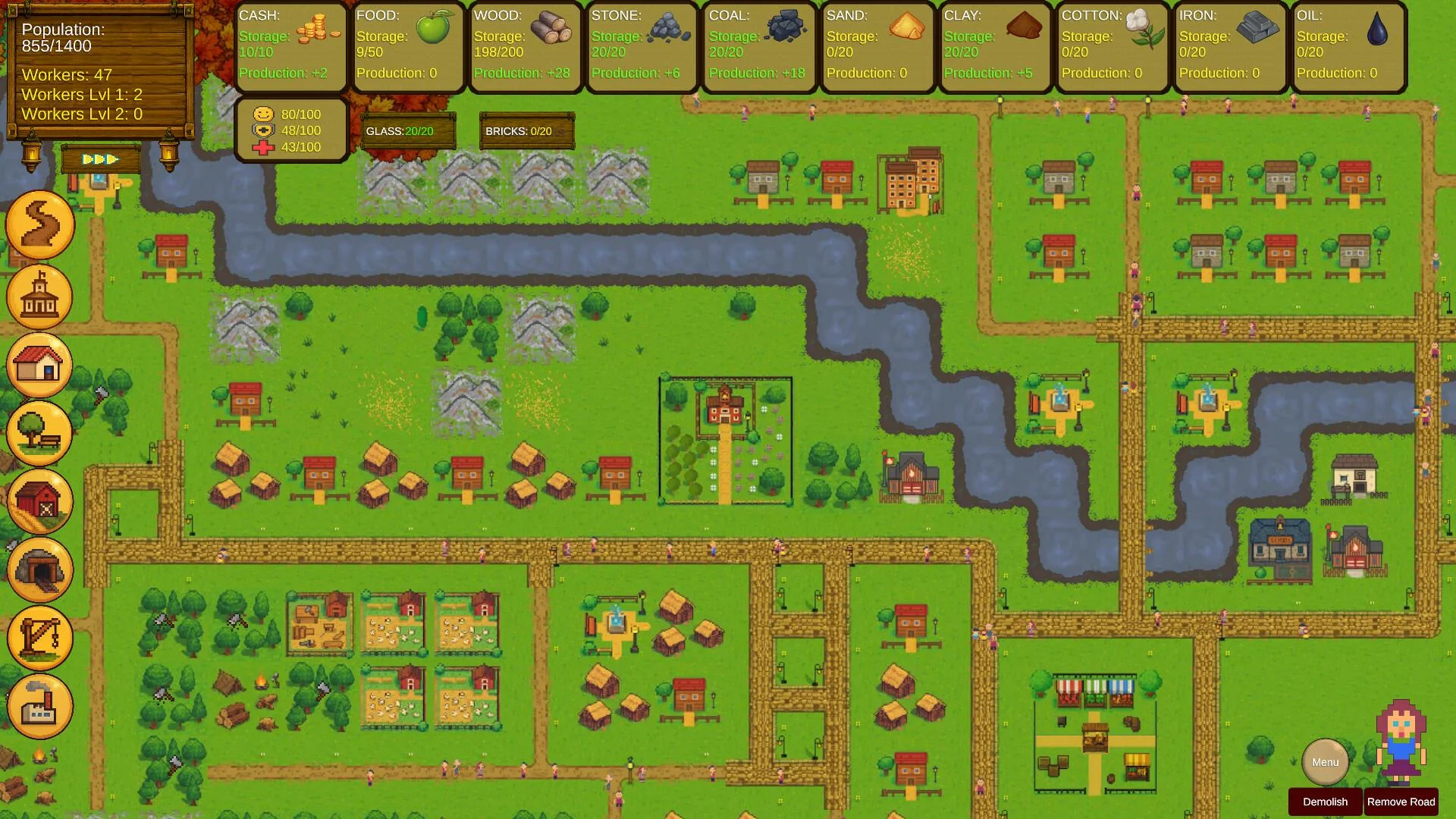 Large river settlement with farms, homes, workshops and connected roads