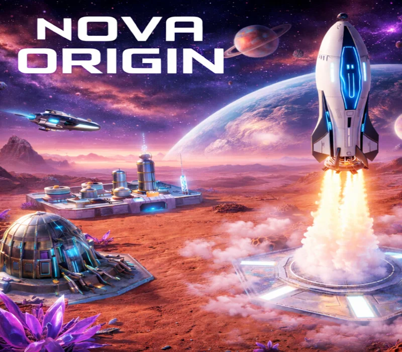 Biała rakieta startuje z ośmiokątnej platformy przy pustynnej kolonii pod logo Nova Origin