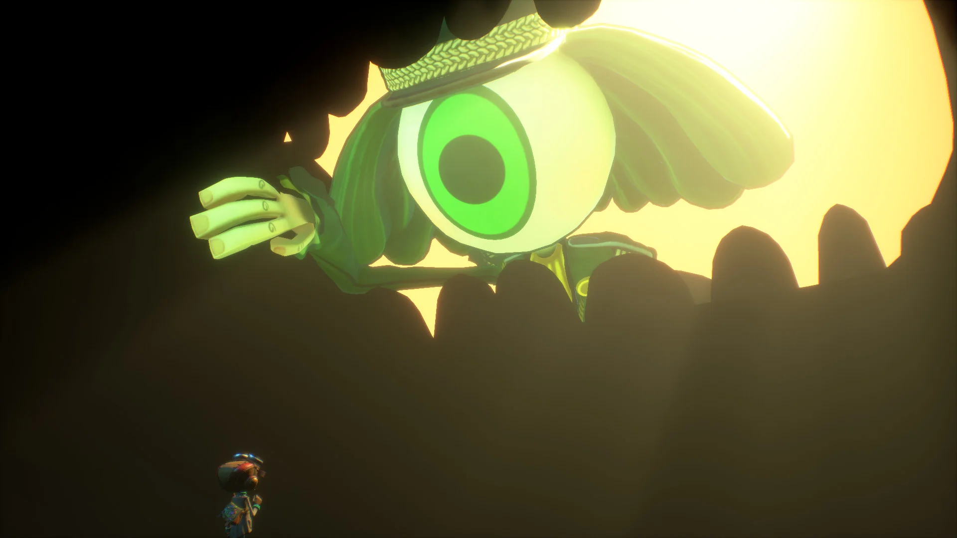 A tiny Raz looks up at a huge figure whose face is a single green eye