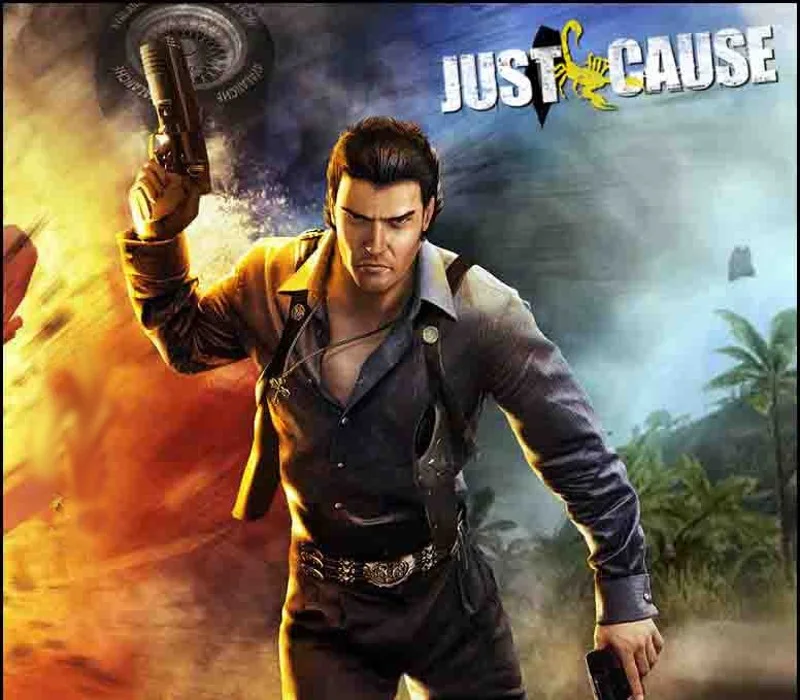 Just Cause cover with a man holding a pistol in front of an explosion.