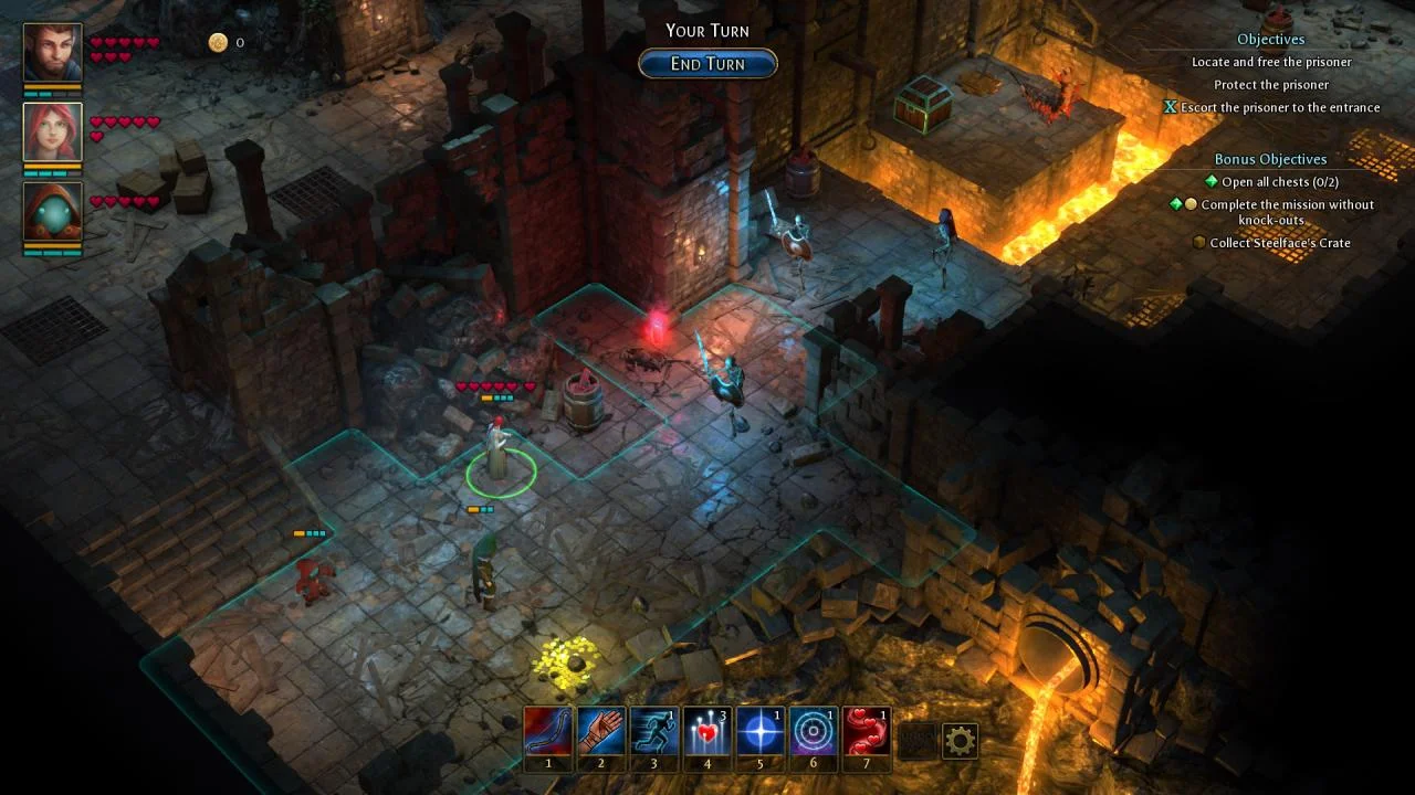 Tactical grid in a stone room with a fire