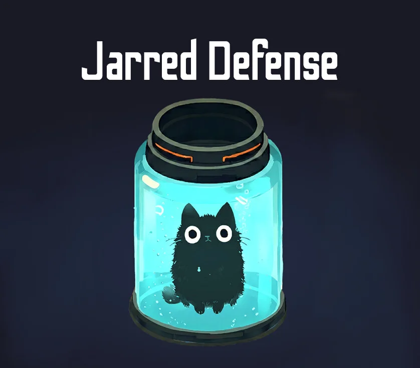 Logo Jarred Defense nad czarną kotką Yuki w świecącym turkusowym słoiku