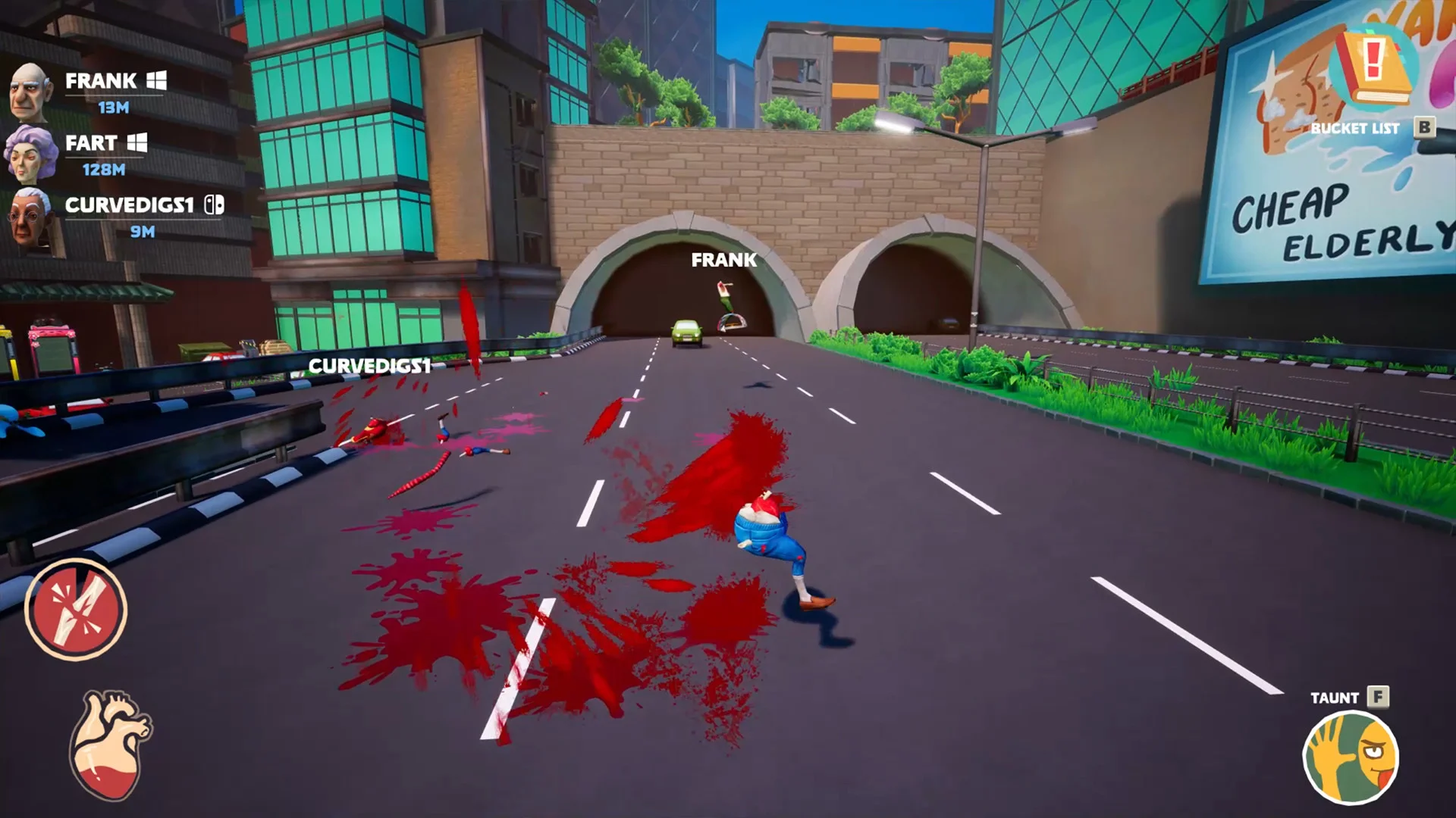 Headless pensioner in a blue sweater running through red splashes toward the tunnels, Cheap Elderly billboard