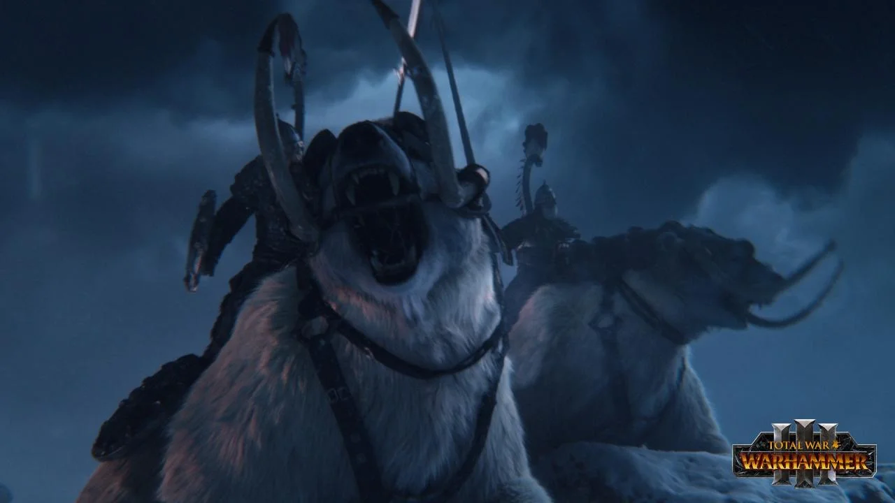 A white bear-like mount with tusks and a metal muzzle roars in the snow, a second mount behind it