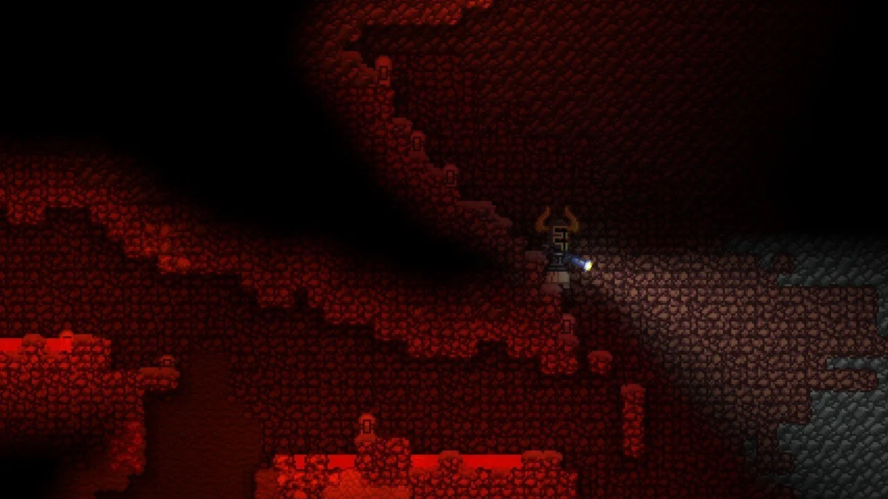 Horned miner with a flashlight in a red cave, lava glow on the floor