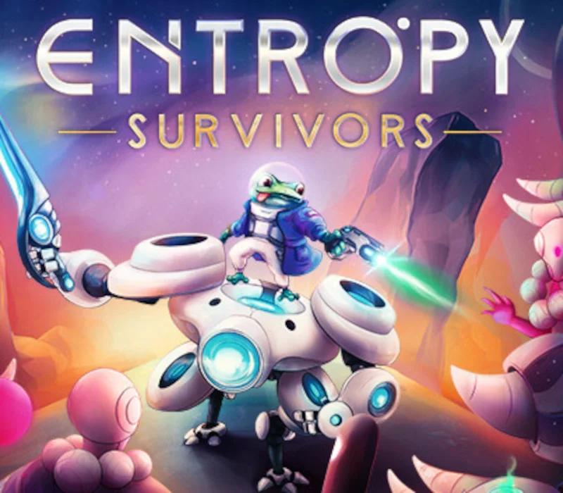 Entropy Survivors cover: space frog in a blue jacket riding a white four-legged mech with glowing blue joints