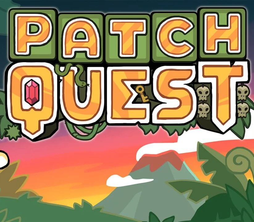 Patch Quest cover: PATCH QUEST tile letters with snake, gem, key and skulls over jungle mountains at sunset