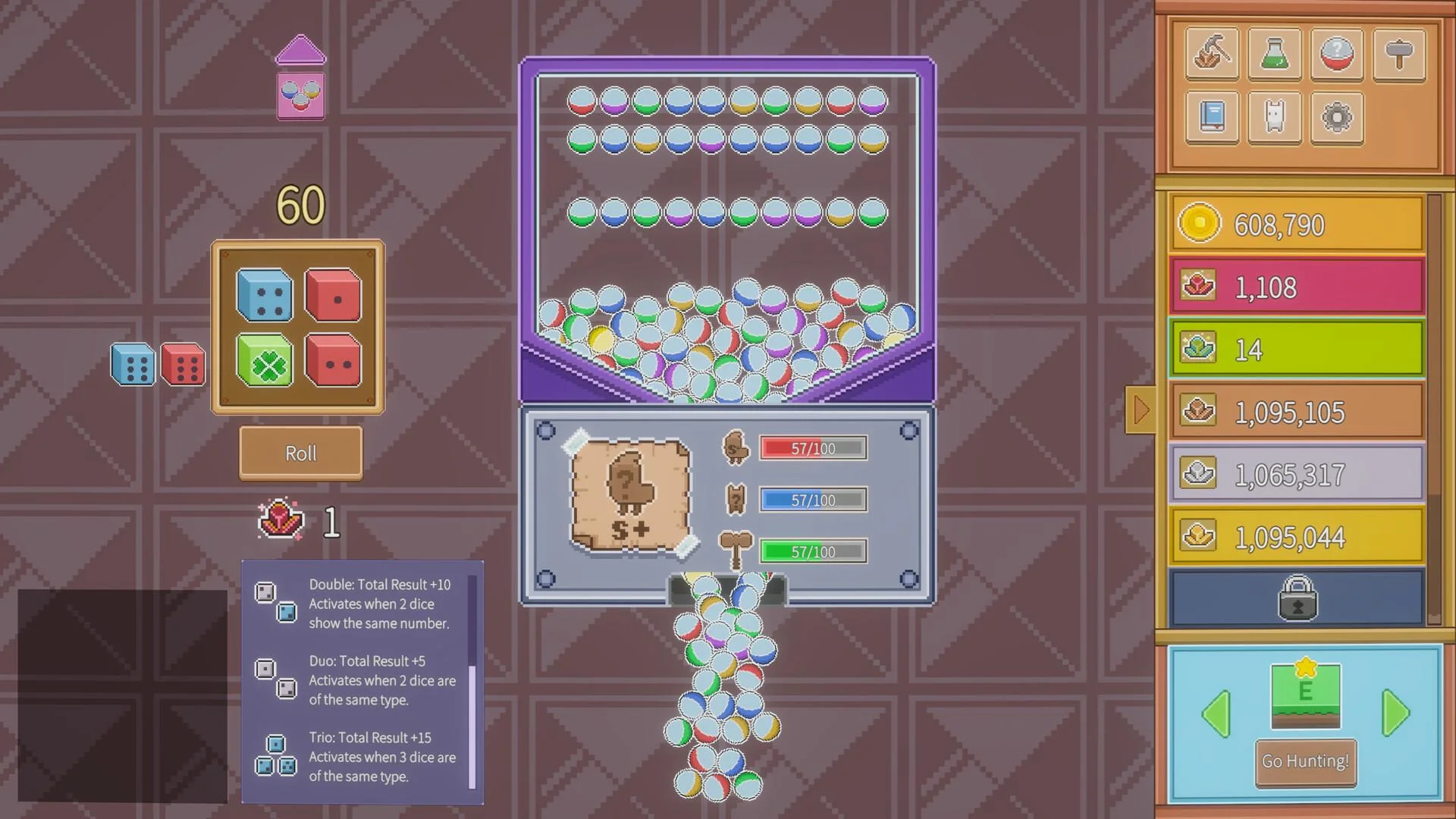 Purple capsule machine dumping balls, dice Roll 60, S+ ticket 57/100, gold 608790