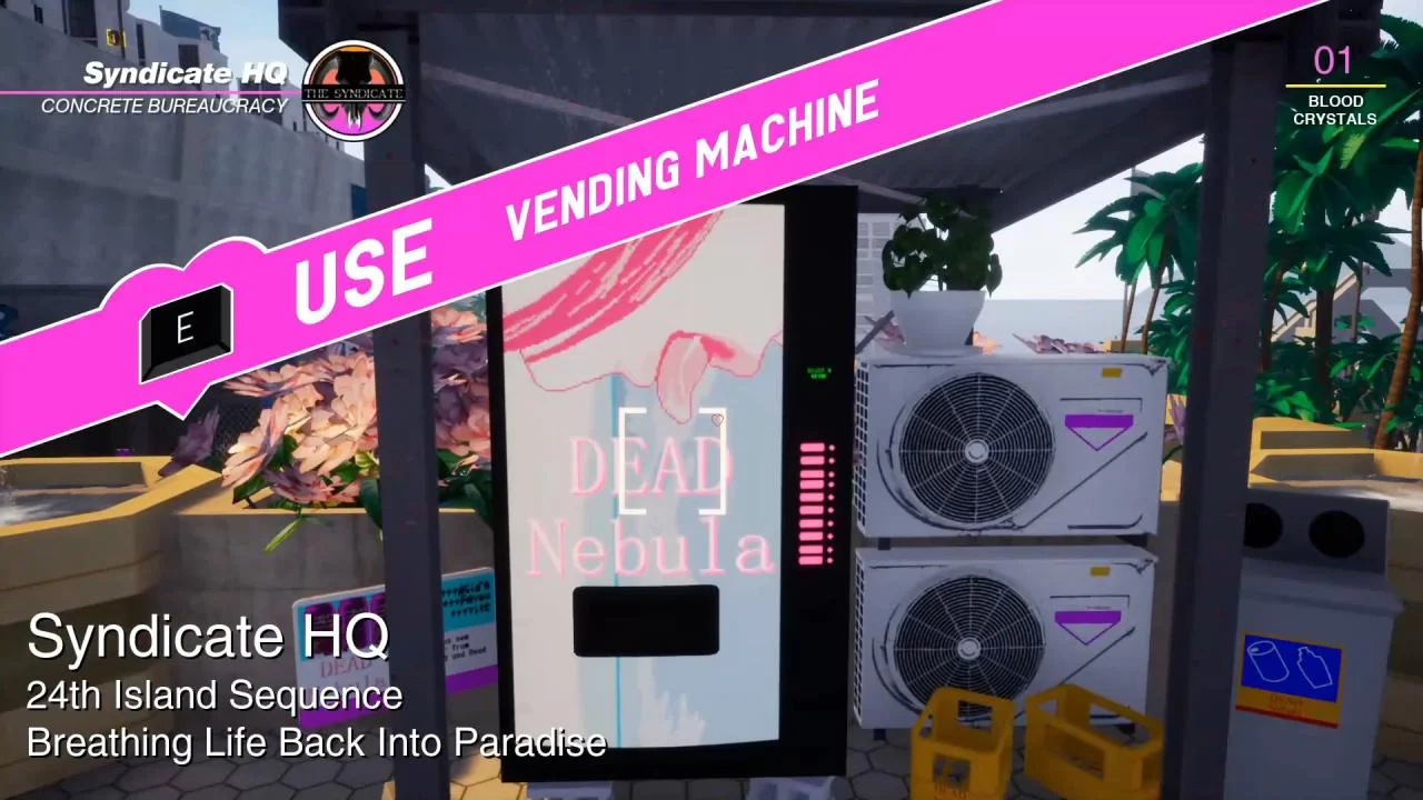 Syndicate HQ vending machine labelled DEAD Nebula, USE VENDING MACHINE prompt, two white AC units, palms and Blood Crystals 01