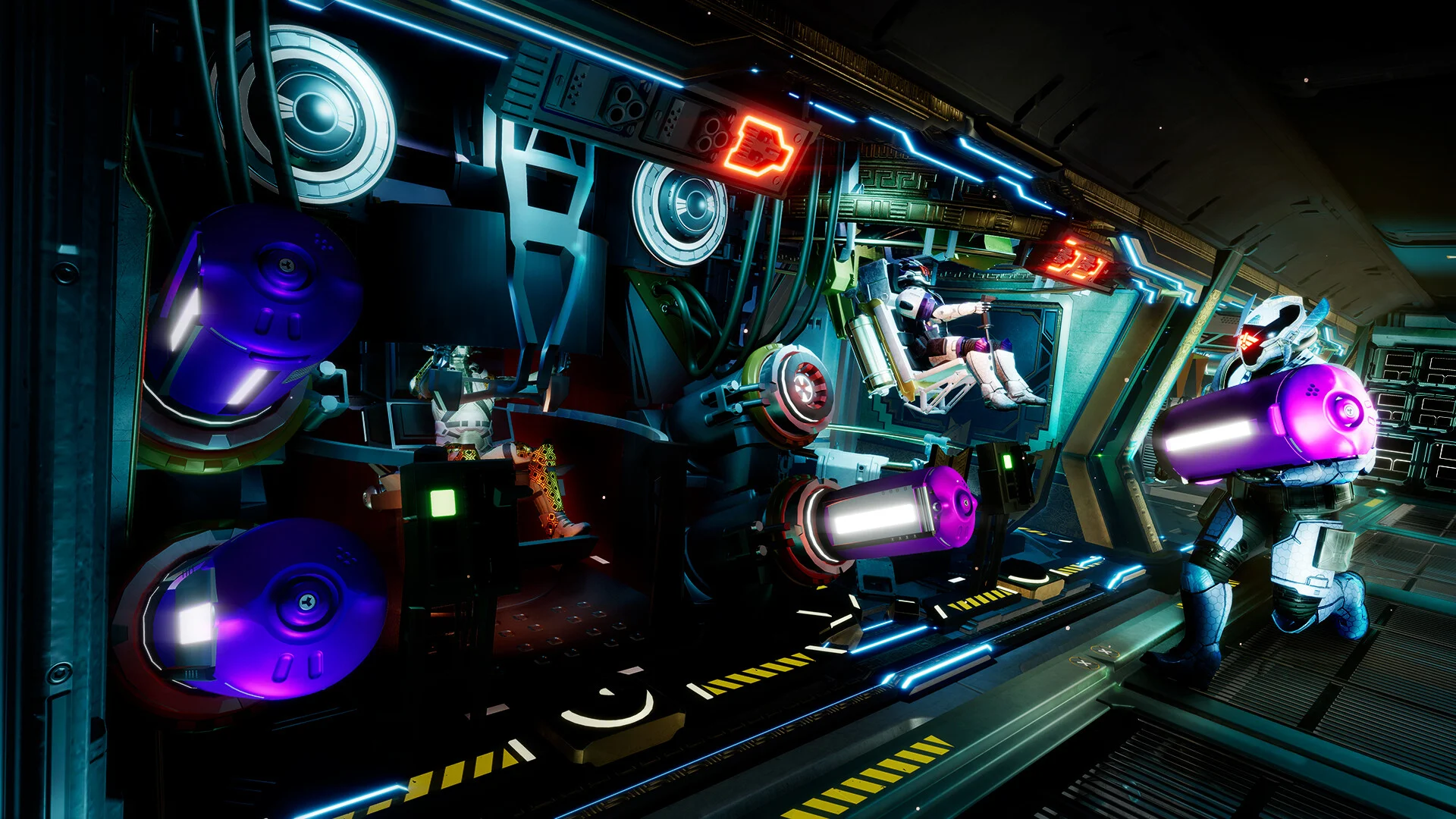 Engine bay: purple and pink power cells in racks, one crew in a seat, another carrying a glowing pink cylinder down the catwalk