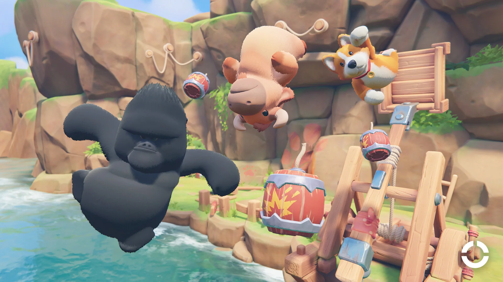 Europe Deluxe still: gorilla and moose launched past TNT on a cliff