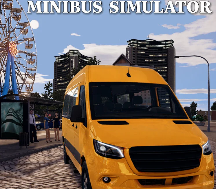 Cover: MINIBUS SIMULATOR title over a yellow RS-120-MB van on cobbles by a ferris wheel and civic building