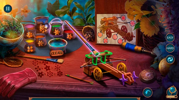Painting a wooden catapult with flower stamps on a cluttered craft table, Easy and Hard buttons visible