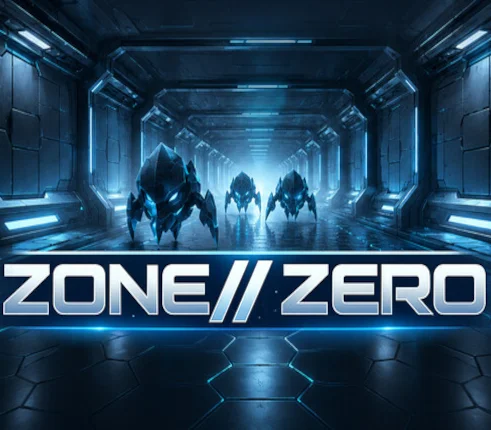 Three blue-lit alien creatures advance through a metallic corridor above the Zone Zero logo