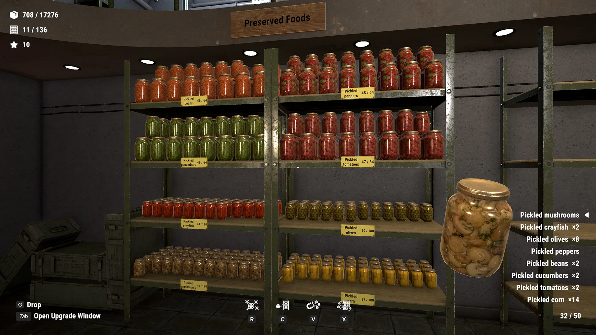 First-person hold list: gas mask, potatoes, urban backpack, bulletproof vest, fuel canister, 11/30 slots