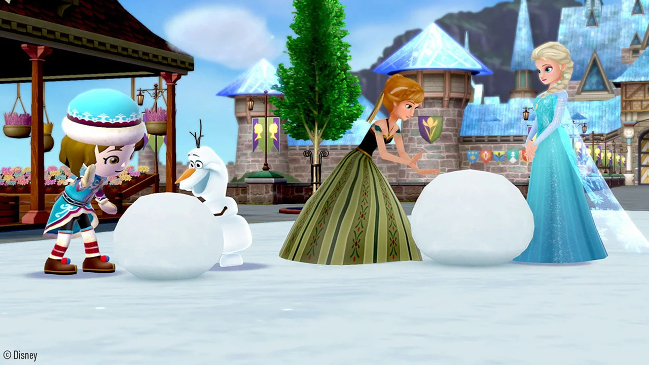 A girl and a snowman beside a princess in a blue dress.