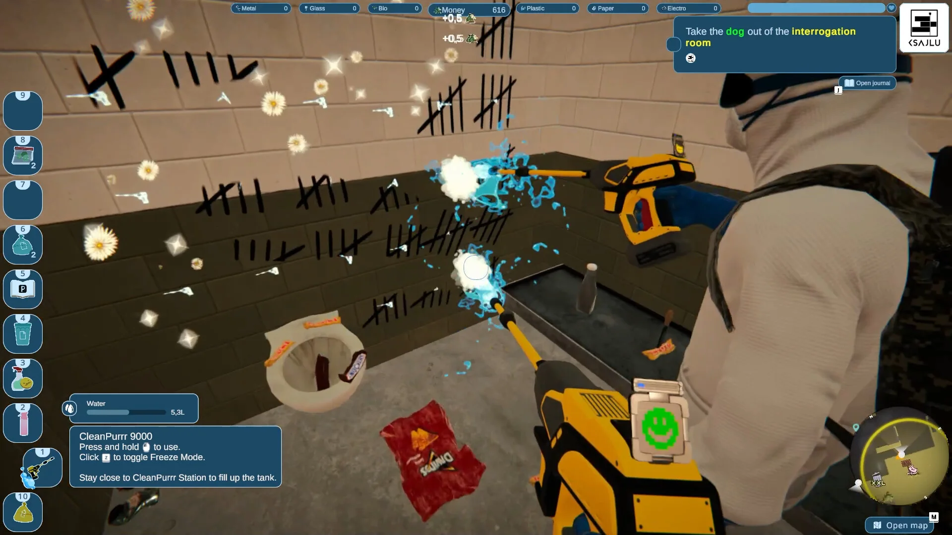 Purrrifiers mop and wand in a messy police station