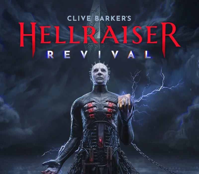 Pinhead z bladą twarzą nabitą szpilkami trzyma złotą skrzynkę pod czerwonym napisem Hellraiser Revival i błyskawicami