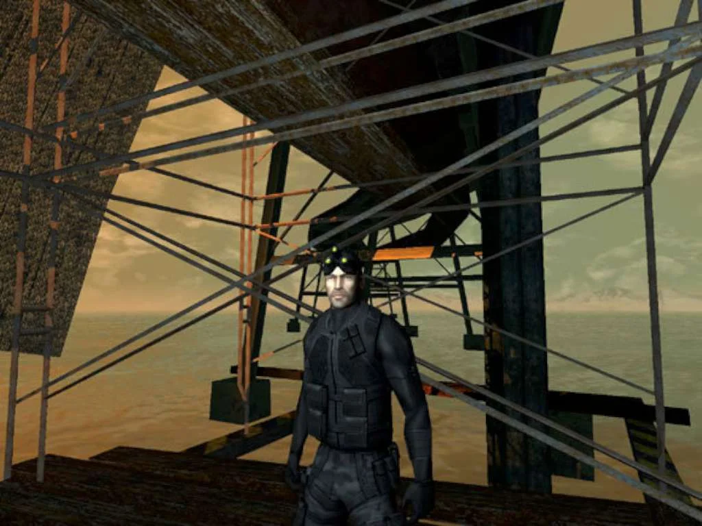 Tom Clancy's Splinter Cell cover, Sam Fisher in a dark corridor