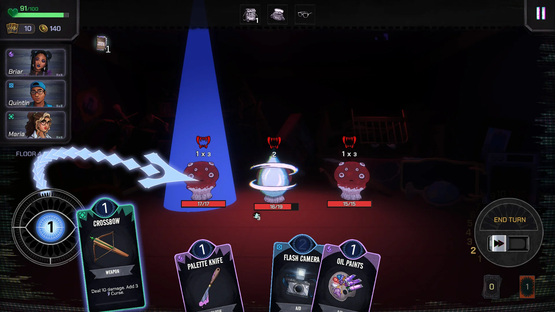 Floor 4 battle: Crossbow, Palette Knife, Flash Camera, Oil Paints vs three mushroom enemies in a blue spotlight