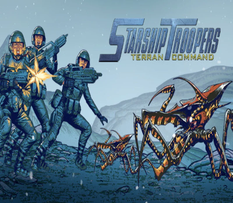 Three grey-blue Mobile Infantry troopers firing rifles at two orange striped Arachnids under the Terran Command logo