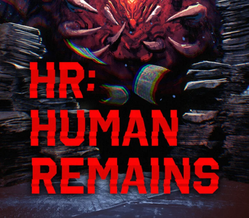 HR Human Remains red title over a toothed red demon face between stacks of paper