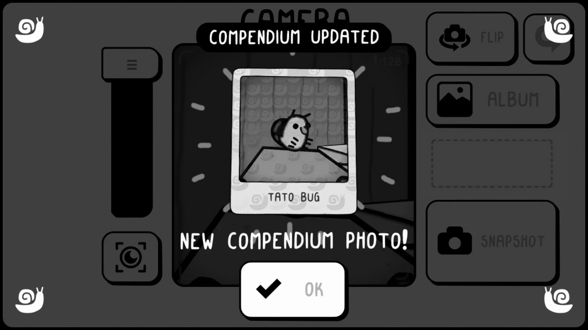 TOEM camera UI adding Tato Bug to the photo compendium