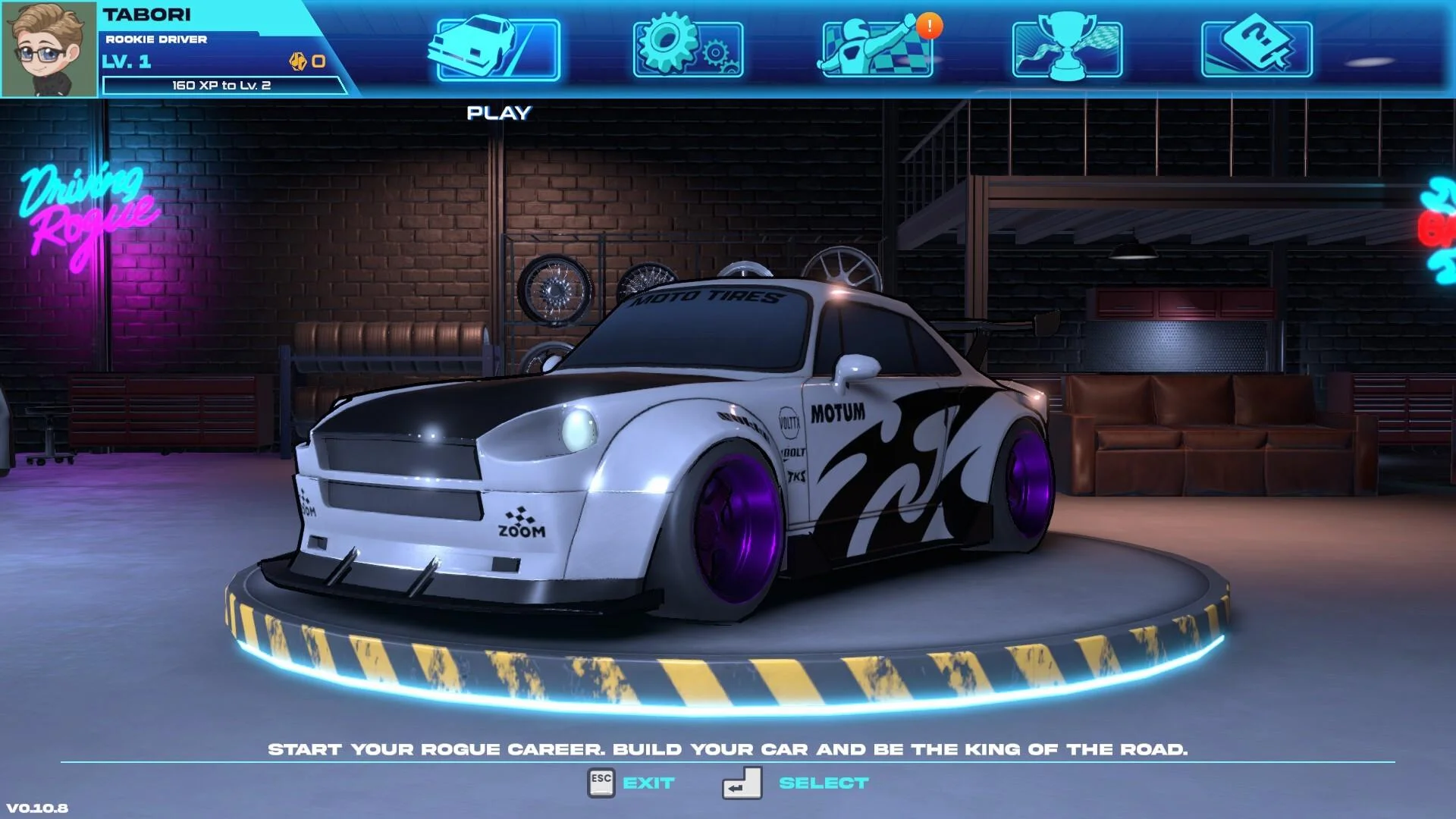 Customized white sports car displayed inside the Driving Rogue garage