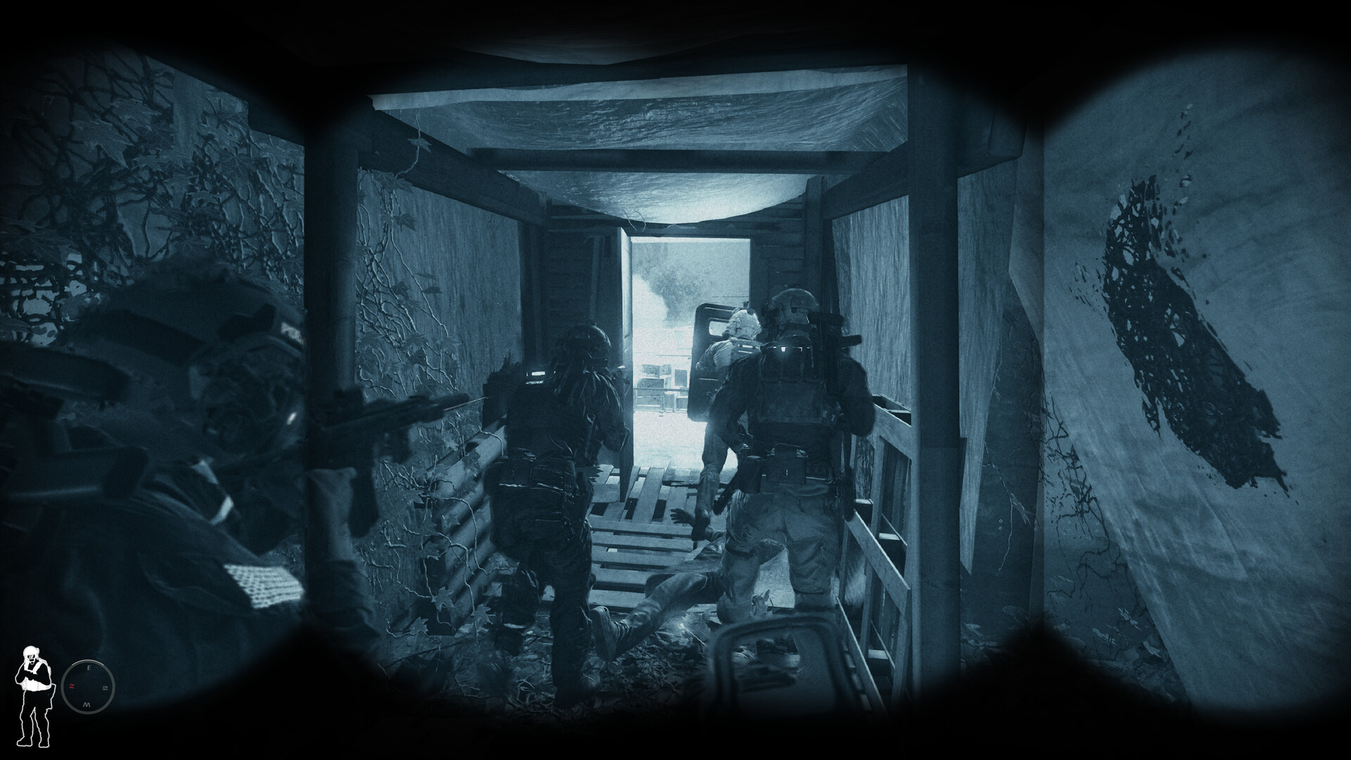 Ready or Not night-vision stack moving through a wooden raid