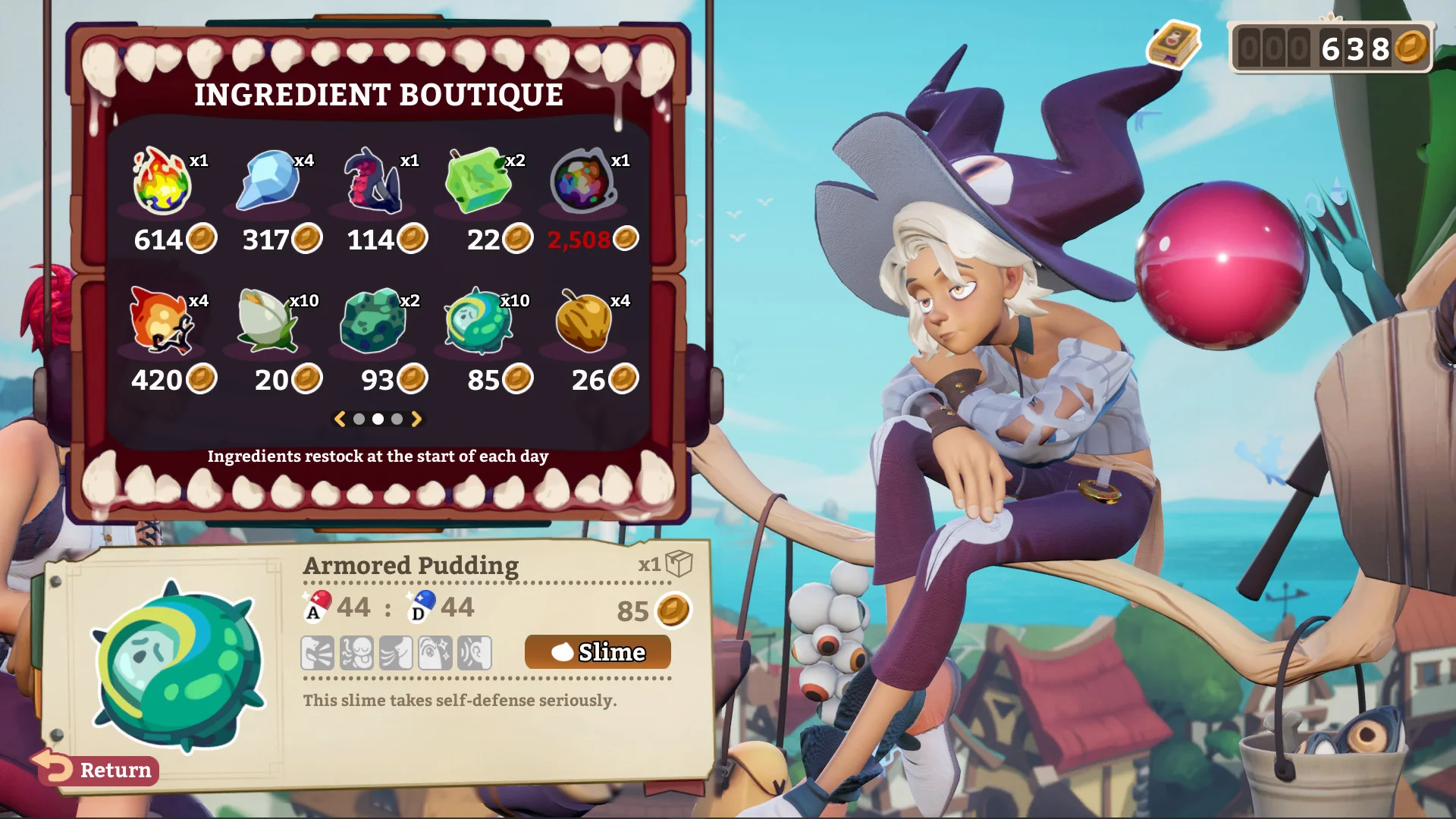 Ingredient Boutique w Potionomics z Quinn i szczegółami składnika Armored Pudding