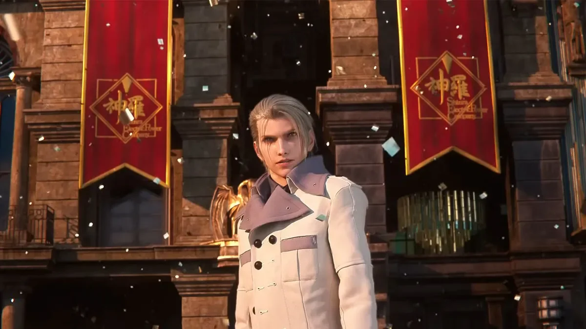 A silver-haired man in a cream coat stands before red Shinra banners while confetti falls