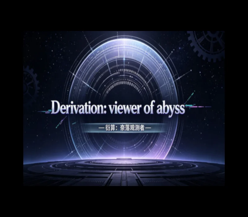 Cover: Derivation: viewer of abyss title on a cyan ring over a dark tech floor, Chinese subtitle under the English name