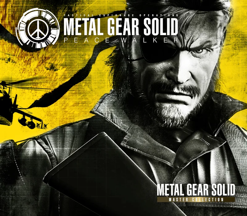 Cover: Big Boss eyepatch and black case on yellow; METAL GEAR SOLID PEACE WALKER and Master Collection mark