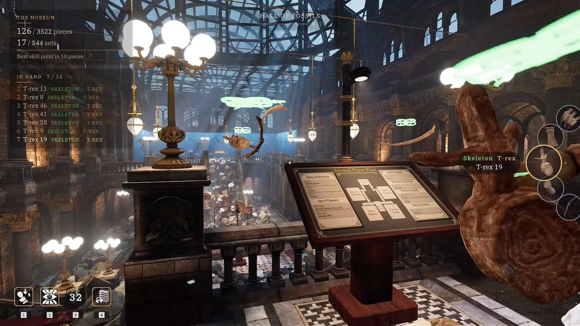 AR visor highlights fossil fragments around a skeletal display in the Hall of Fossils